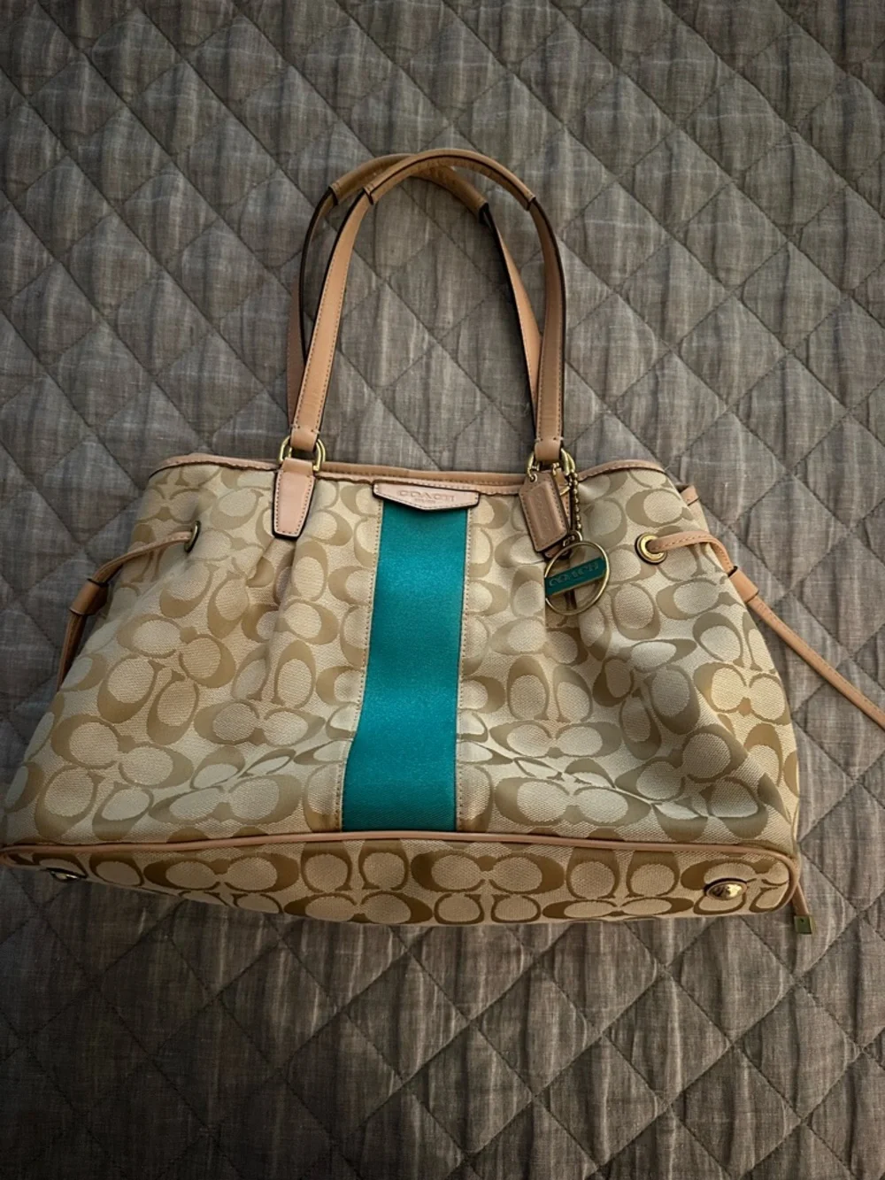 Coach Beige Signature Satchel with Teal Center Stripe - Picture 2 of 7